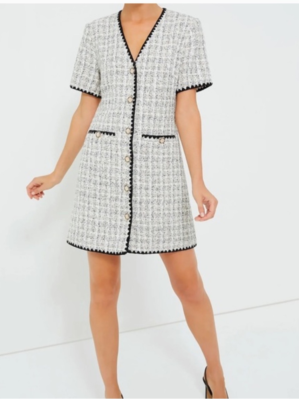 Pomander Place White and Black Tweed Short-Sleeve Dress